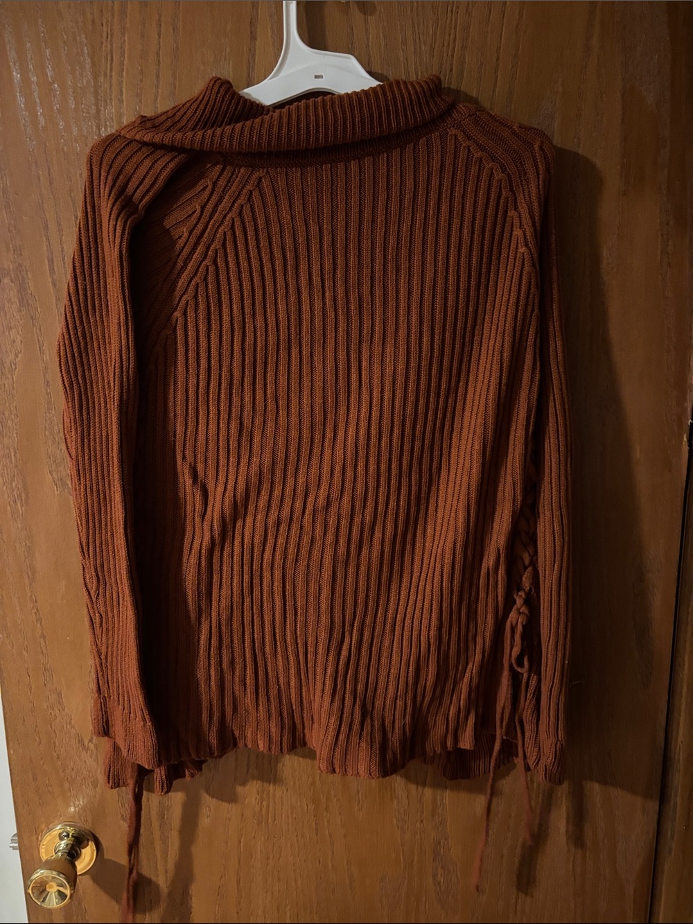 Timing Rust Ribbed Cowl-Neck Tie-Sleeve Sweater